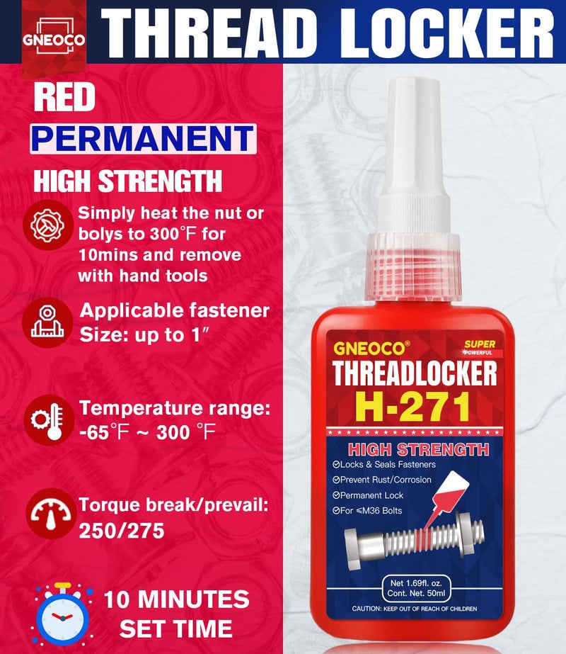 GNEOCO ThreadLocker Red, Thread Lock High Strength Lock Tight for Nuts, Bolts, Fasteners and Metals, Anaerobic Curing Metal Glue to Prevent Loosening and Corrosion (H271-50ml) - Image 2